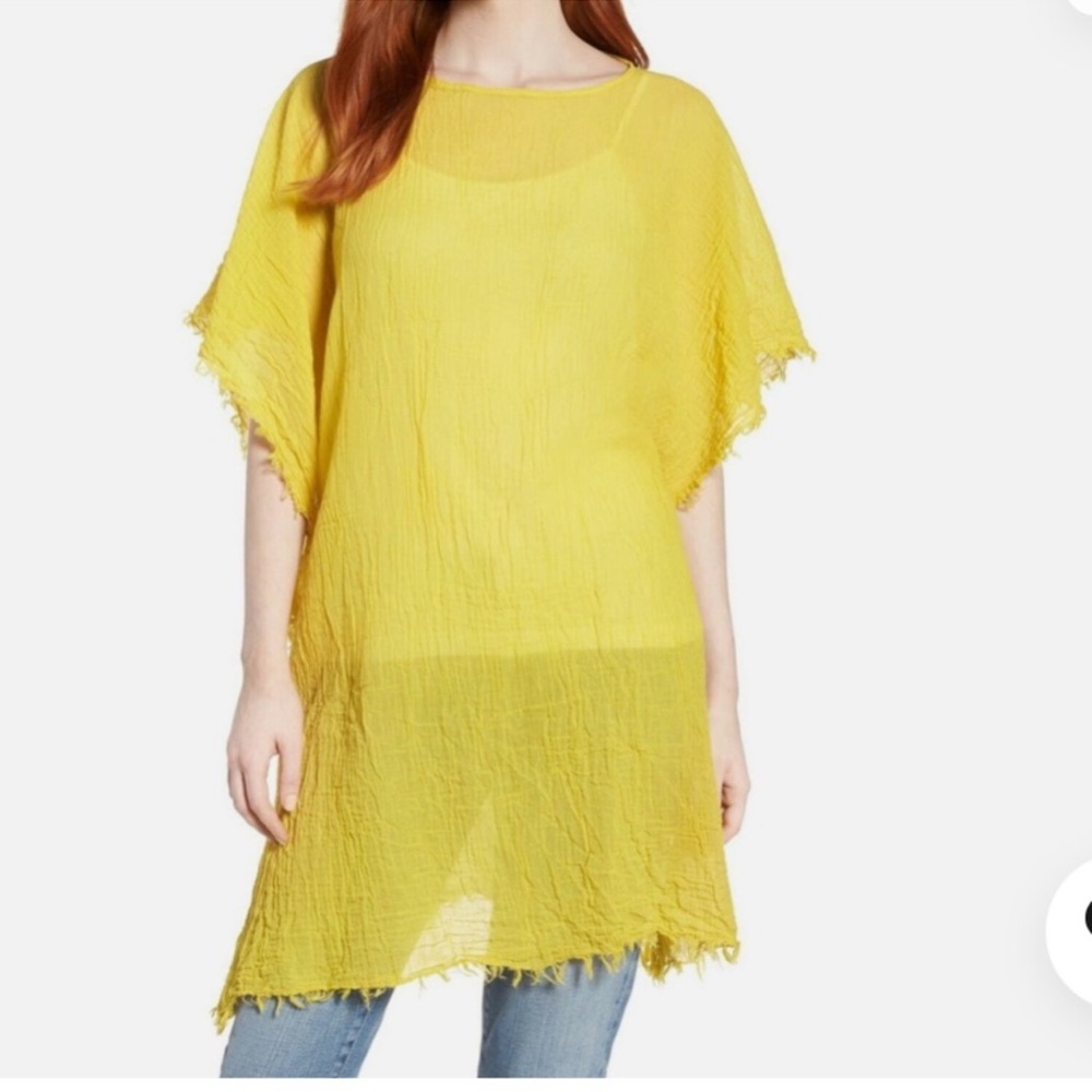 Eileen Fisher Lightweight Organic Cotton Fringe Trim Poncho in Yellow Yarrow OS